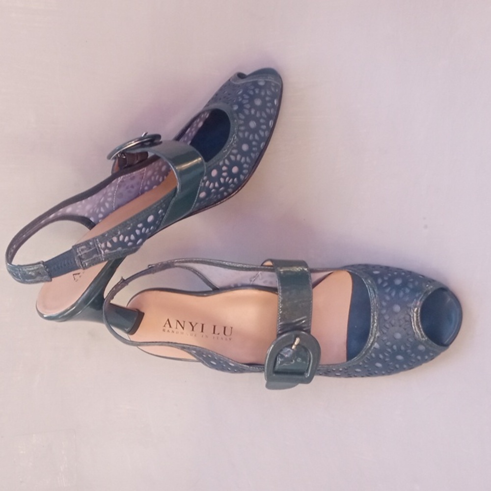 Vero Cuoio Peep-Toe Mary Jane Dark Teal Leather Slingback Heels, Size 9 (US)